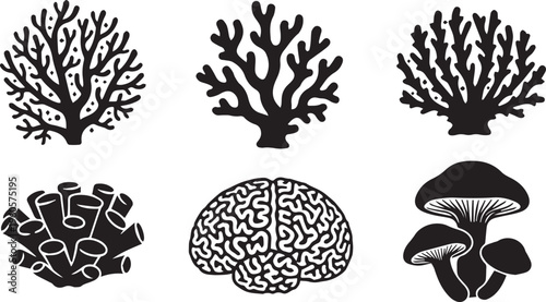 Coral Reef and Nature Silhouette Set - Sea Life, Brain, and Mushrooms