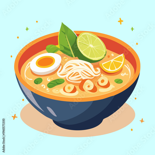 Tasty noodle soup with boiled egg and fresh citrus lime in a blue bowl - Vector Illustration