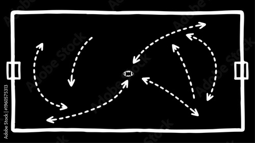 Dynamic sports strategy concept with arrows illustrating player movement and game tactics on a minimalist field, ideal for coaching and planning.
