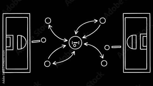 Abstract illustration of a digital information network, showing data exchange and communication flow between a central processing unit and multiple connected endpoints or users.