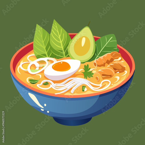 Savory bowl of noodle soup with boiled egg and avocado for a healthy meal - Vector Illustration