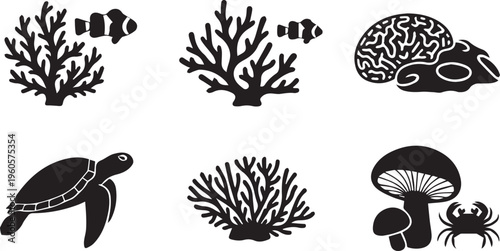 Coral Reef and Sea Life Icon Set: Ocean Animal Silhouette Vectors