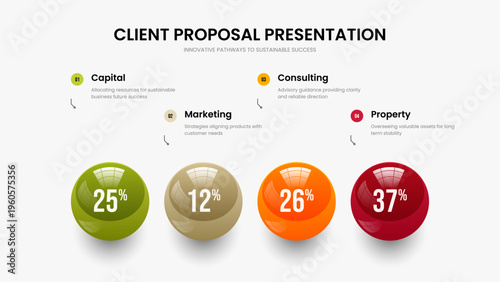 Consulting Campaign 4 Option Infographic Slide Template. Minimal Analysis Four Element Chart Presentation Layout. Creative Performance Slideshow Design Vector Illustration.