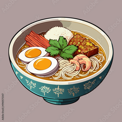 Savory bowl of noodle soup with meat and boiled egg for a delicious dinner - Vector Illustration