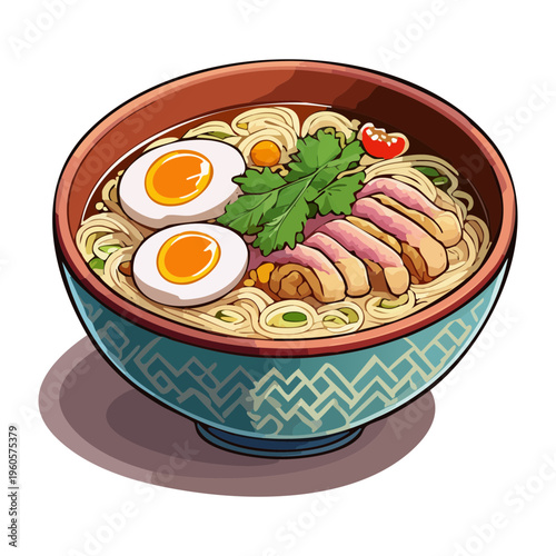 Authentic ramen noodle soup with meat and boiled egg served in a blue bowl - Vector Illustration