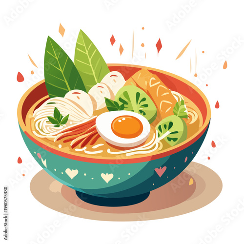 Hot noodle soup with boiled egg and fresh herbs served in a blue bowl - Vector Illustration