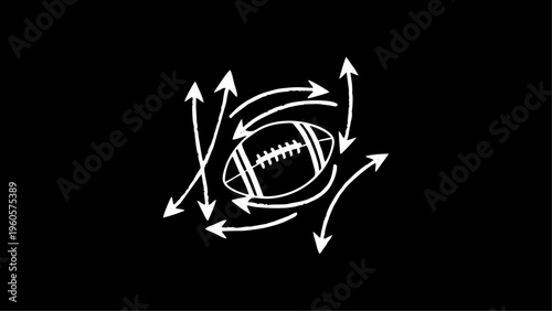 American football strategy diagram with arrows showing player movement and ball trajectory on a black background