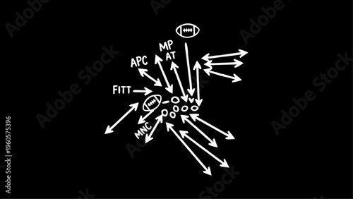 Dynamic strategic diagram illustrating complex movements, tactical planning, and conceptual elements with arrows on a black background, representing sports or business strategy.