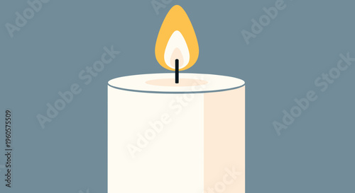 Lit White Candle on Gray Background.
