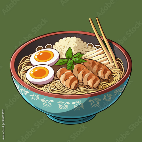 Authentic noodle soup with meat and boiled egg served in a decorative bowl - Vector Illustration