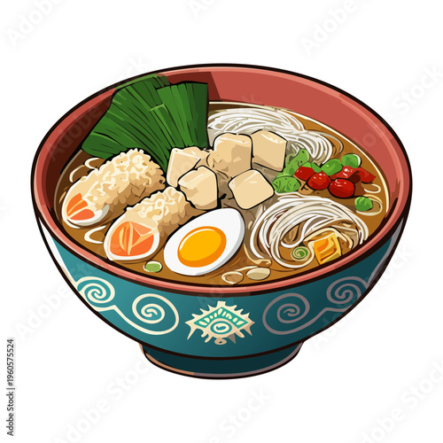 Traditional meatball soup with noodles and egg served in a classic ceramic bowl - Vector Illustration