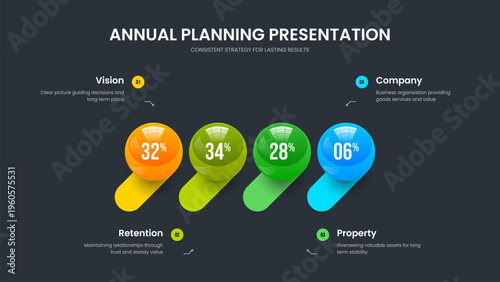Enterprise Planning Four Element Diagram Slideshow Layout. Consulting Solution Presentation Design Vector Illustration. Investor Briefing 4 Option Chart Slide Template.