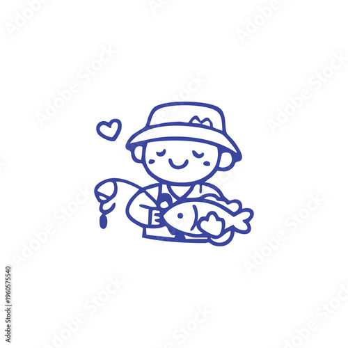 A cute cartoon fisher with a happy fish and a heart