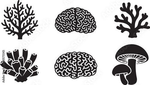 Organic Shapes Icon Set: Human Brain, Coral Reef, and Mushroom Silhouette Vectors