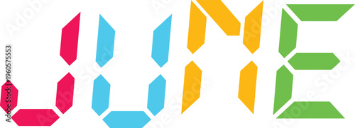 June word in digital segment display typography with vibrant rainbow colors on transparent checkerboard background.