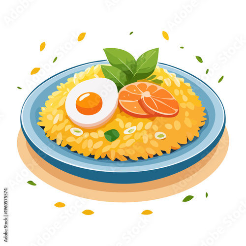 Fried rice with egg and fresh herbs served on a traditional ceramic plate - Vector Illustration