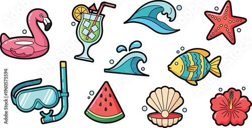 Summer Beach Vacation Icons Set Featuring Flamingo, Drink, Fish, Waves, and Tropical Elements for Beach, Vacation, and Summer Designs
