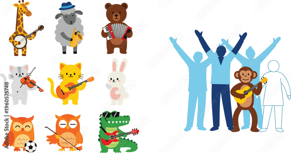 Naklejka premium Cute animals playing musical instruments band characters and cheering crowd vector illustration set