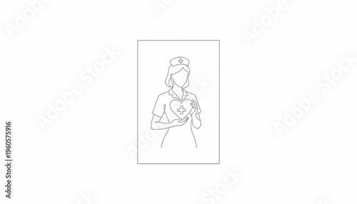 Minimalist line art illustration of a female nurse gently holding a heart with a medical cross