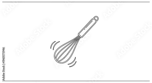 Simple line art illustration of a kitchen whisk in motion, perfect for culinary projects