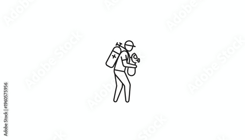 Emergency support personnel carrying portable oxygen tank and breathing apparatus outline icon