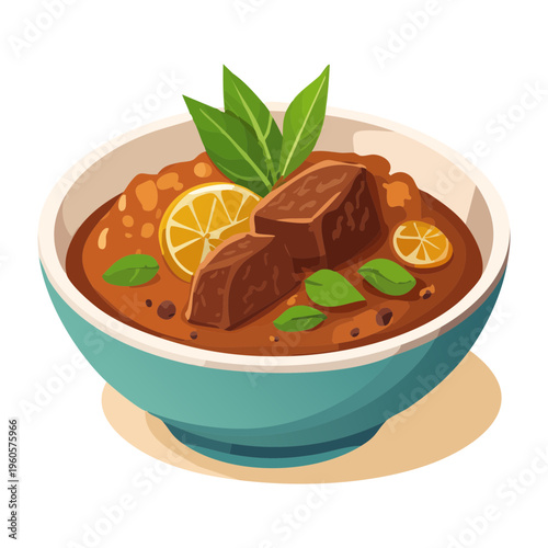 Savory fried rice with egg served on a blue ceramic plate with herbs - Vector Illustration