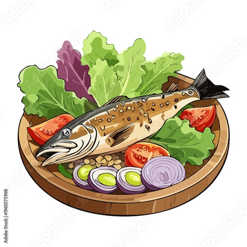 Savory chicken skewers with fresh vegetables and sauce served in a green bowl - Vector Illustration