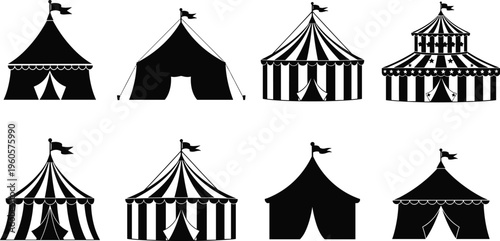 Set of Black Circus Tent Silhouette Icons Featuring Various Carnival Big Top Designs with Stripes and Flags for Entertainment Events