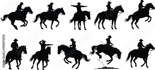 Set of Black Cowboy Silhouette Icons Featuring Western Riders on Galloping Horses, Bronc Riding, and Rodeo Action Scenes Isolated on White