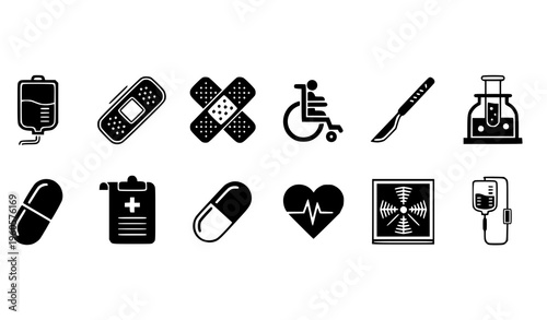 Flat black medical icon vector collection with essential healthcare symbols for web and print