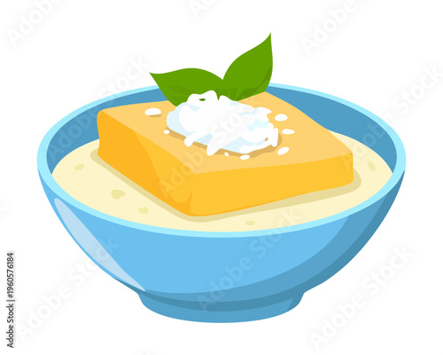 Traditional Creamy Rice Porridge in Blue Bowl with Fresh Toppings for Healthy Daily Diet Plan - Vector Illustration
