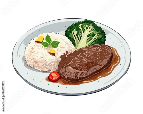 Grilled Beef Steak with White Rice and Fresh Broccoli Vegetables for Balanced Gourmet Dinner Plate - Vector Illustration