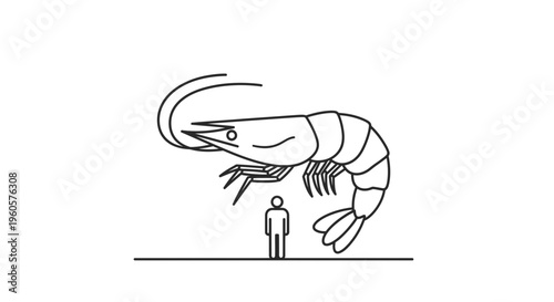 Whimsical illustration showcasing a colossal shrimp dramatically dwarfing a tiny human figure in