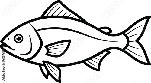 Simple Black Line Art Illustration of a Fish, Featuring Detailed Fins and Scales for Seafood Menus, Fishing Icons, and Nature Designs