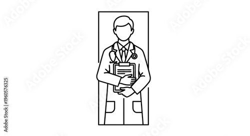 Professional medical practitioner holding clipboard line art illustration for health services