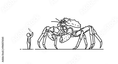 Staggering scale contrast between a tiny person and a colossal sea creature in simple line art style