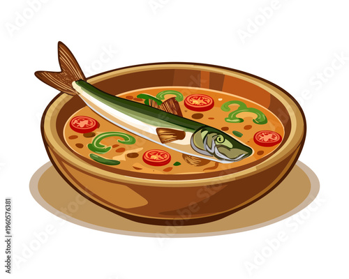 Traditional Rice Porridge with Savory Sauce and Fresh Green Herbs in Blue Bowl for Breakfast - Vector Illustration