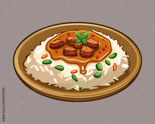 Hot Steaming Rice Porridge with Egg Topping and Green Herbs in Blue Bowl for Breakfast - Vector Illustration