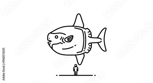 Minimalist graphic illustrating the immense scale of a sunfish compared to a human figure