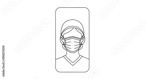 Minimalist Line Art Illustration of a Medical Professional with Protective Face Mask and Cap
