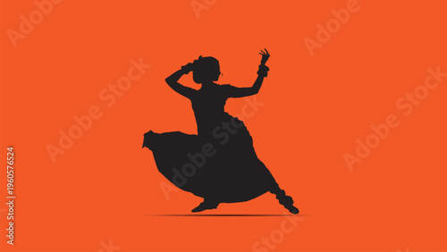 Silhouette of a young woman jumping high with happiness and success isolated on an orange background for motivation energy and freedom design concept with dynamic pose and shadow