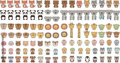 Cute baby animals collection kawaii forest and zoo characters cartoon vector illustration set