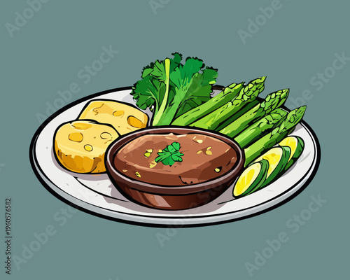 Fresh Green Asparagus with Tasty Sauce and Lemon Slice for Elegant Healthy Vegetarian Appetizer Dish - Vector Illustration