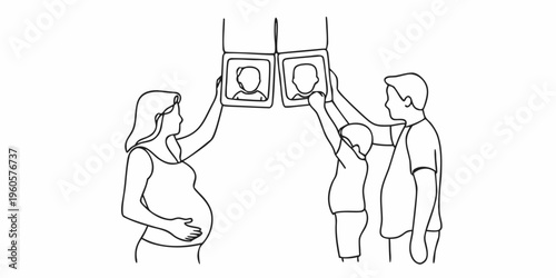 A family views framed portraits with a sense of anticipation and connection