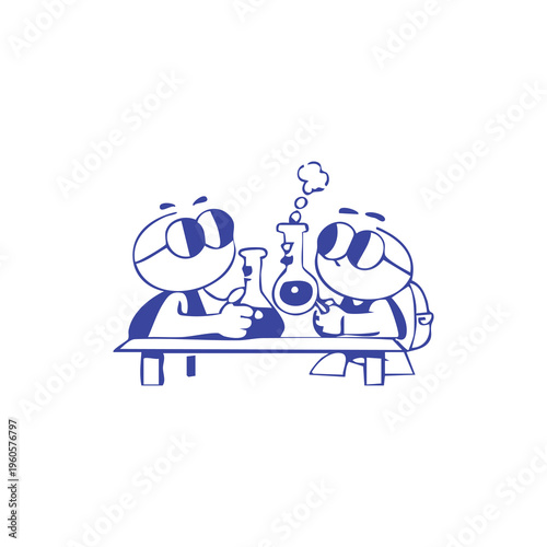 Two cartoon characters in glasses conducting a science experiment at a table