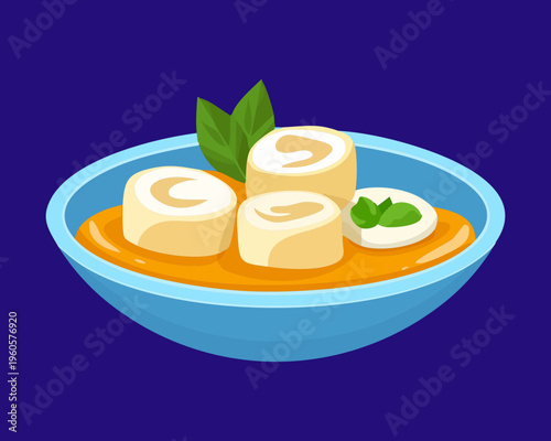 Steaming Bowl Of Beef Stew With Fresh Vegetables And Herb Garnish - Vector Illustration