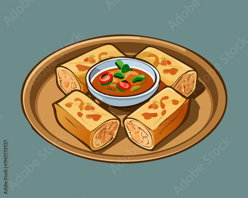 Crispy Fried Rolls With Savory Filling Served On Blue Ceramic Plate - Vector Illustration
