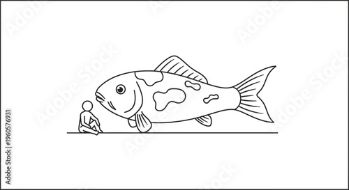 Minimalist line art depicting a small figure observing an enormous spotted fish with curiosity