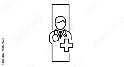 Minimalist black outline icon of a medical doctor professional with a stethoscope and healthcare