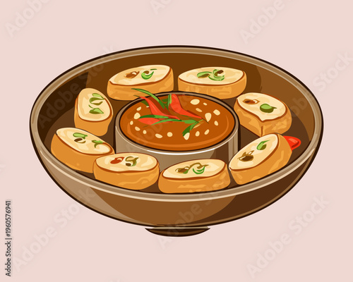 Fluffy Souffle Pancake With Whipped Cream Topping Served In Blue Plate - Vector Illustration